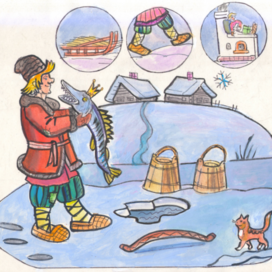 To the question of the fairy tale "By the Pike's Command". Section of the game room. Children's magazine "Why?" Publishing house "Young Technician". The illustration is published in the magazine. Artist Marat Bryzgalov.