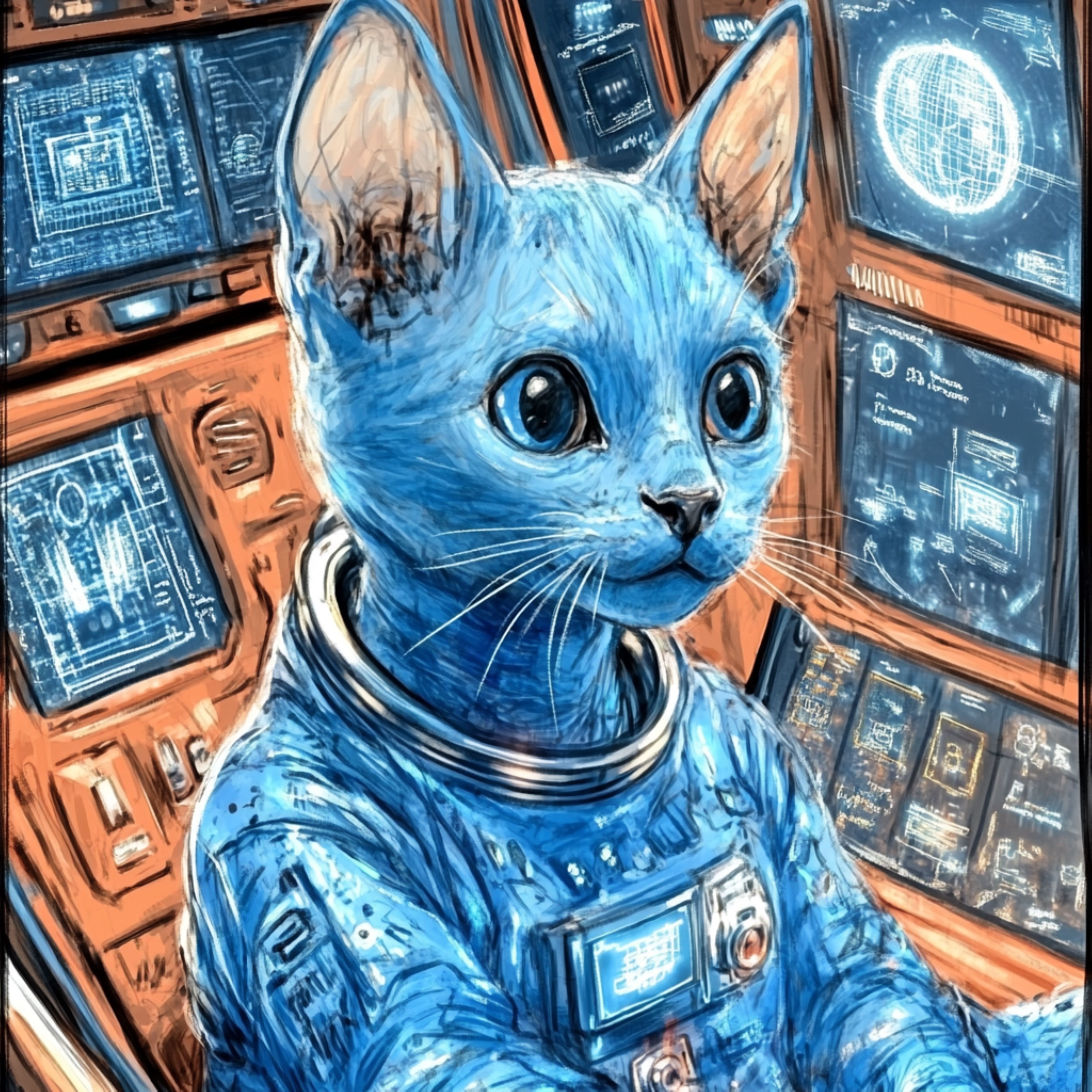 a cat in the cabin of a spaceship