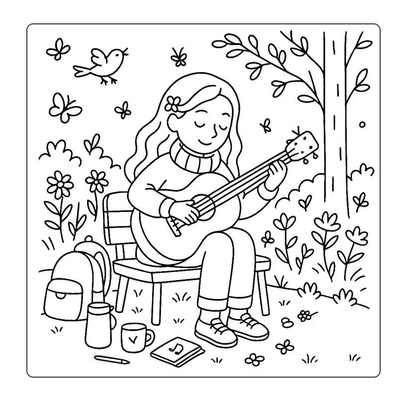 Coloring Page for Kids and Adults - Girl with a Guitar in the Park