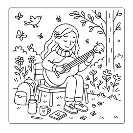 Coloring Page for Kids and Adults - Girl with a Guitar in the Park
