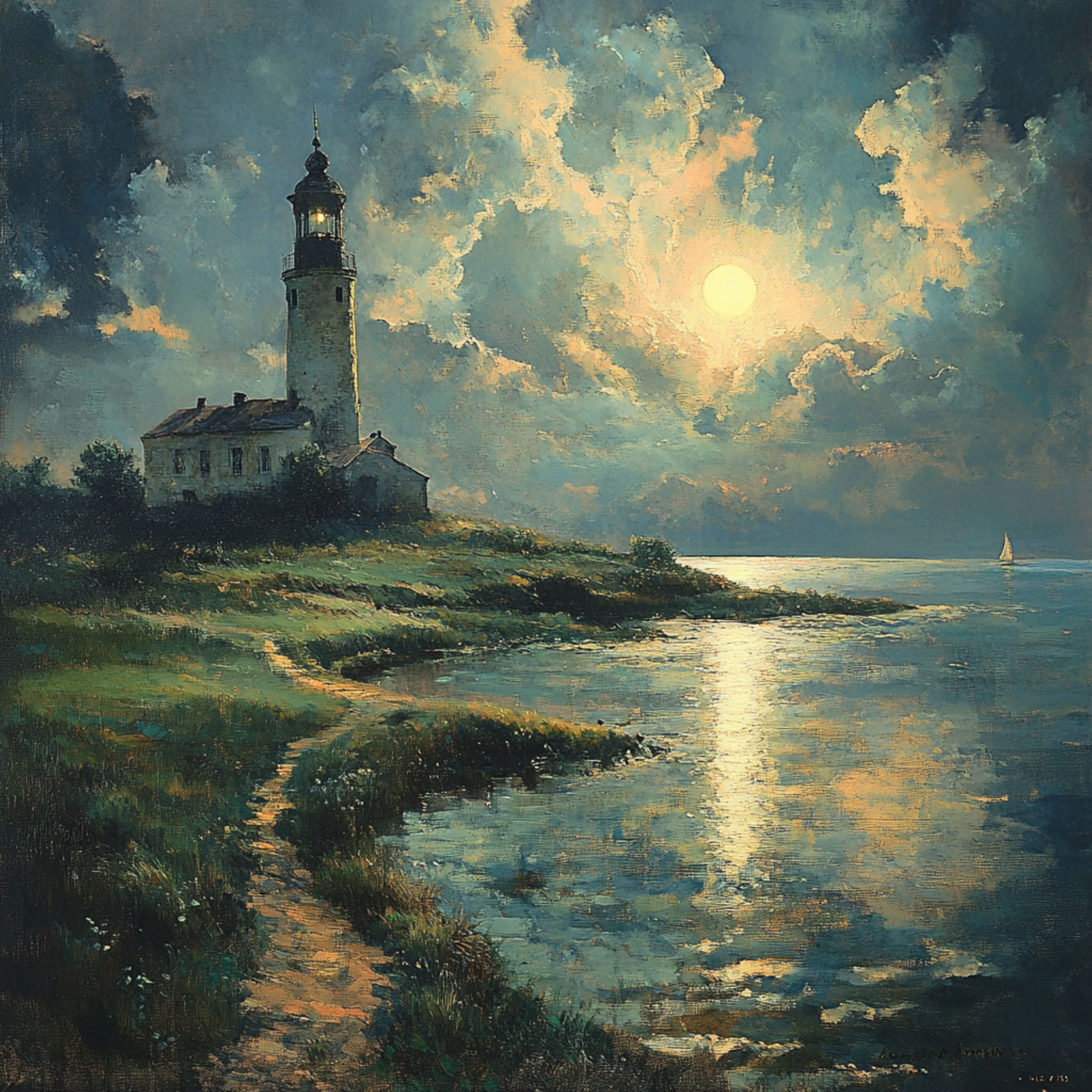 a lighthouse on the seashore in the moonlight
