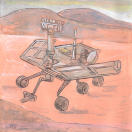 In the magazine "And Why?" Section "From Around the World". Publishing House Yuny Tekhnik. Published in the magazine. Illustration for printing in a smaller format. Topic: The Mars Rover conducts research on minerals and possible traces of life on Mars in the past. Artist: Marat Bryzgalov.