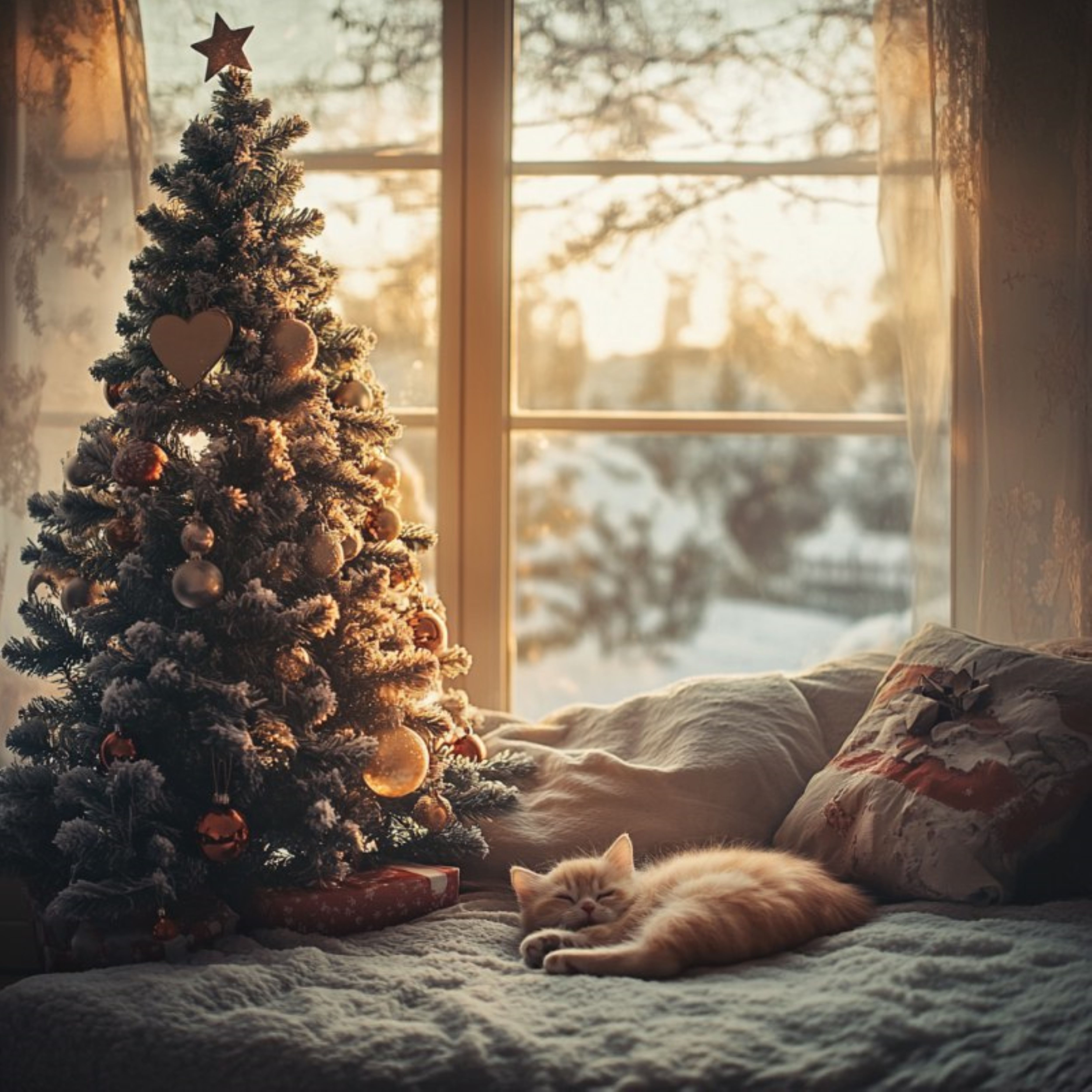 a kitten sleeps under the Christmas tree