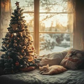 a kitten sleeps under the Christmas tree