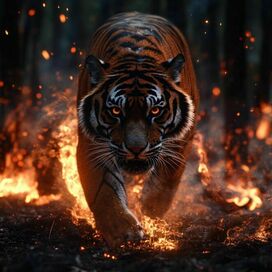 a tiger runs through a burning forest