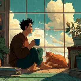 a young man at the window with a cat nearby