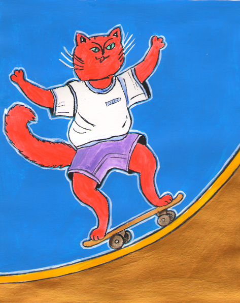 A ginger cat is riding a skateboard. This is the second author's version of the illustration. The illustration is in a decorative style. The medium used is paper, ink, acrylic, and gouache. The artist is Marat Bryzgalov.