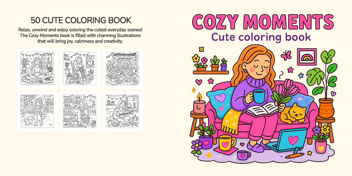 Обложка раскраска для книги COZY MOMENTS