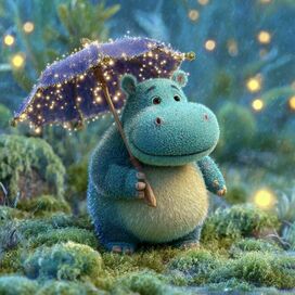 hippopotamus under an umbrella