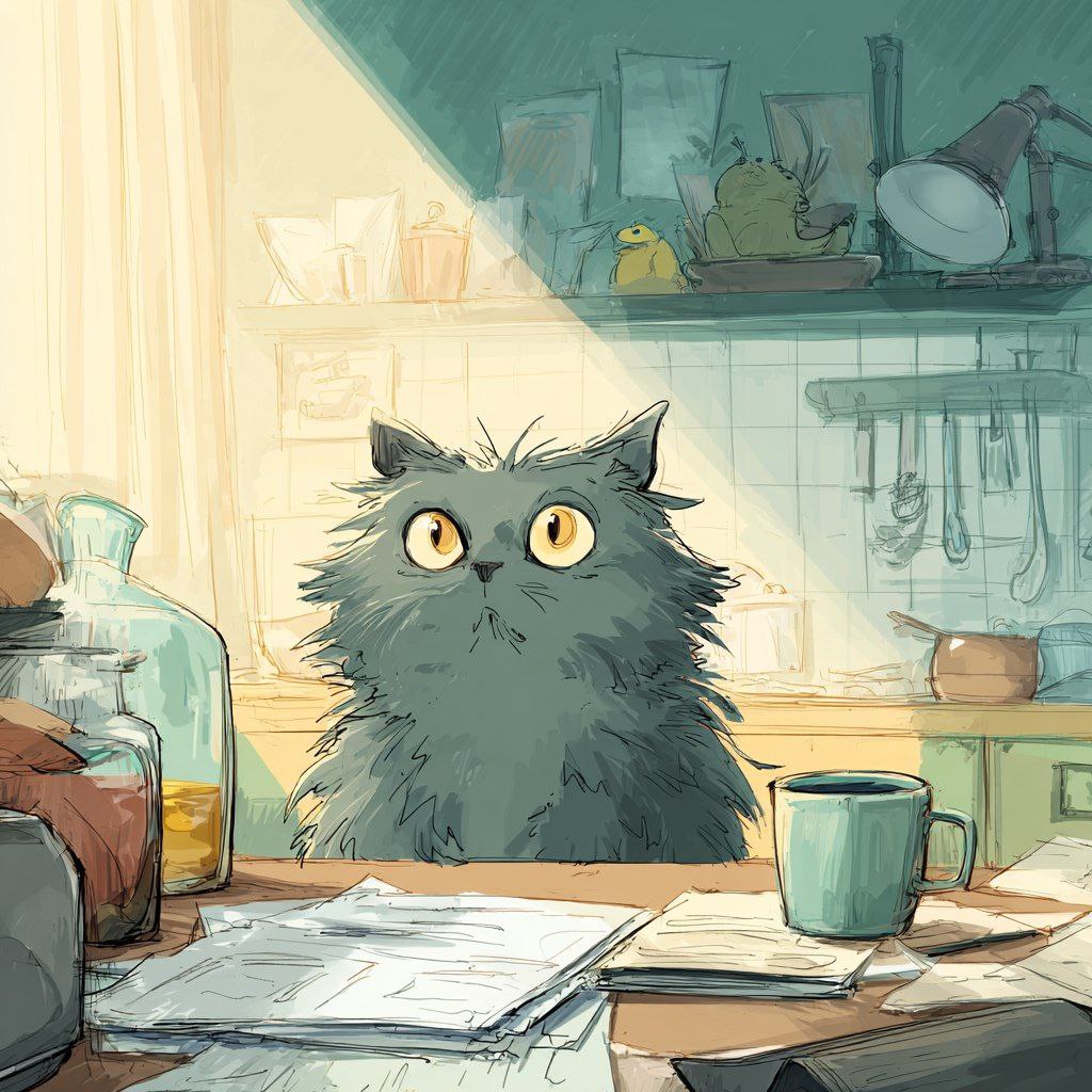 the cat is sitting at the table