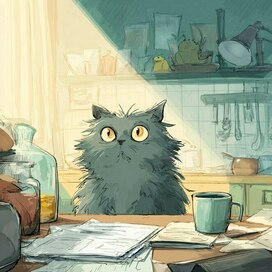 the cat is sitting at the table