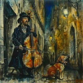 street double bass player with a dog
