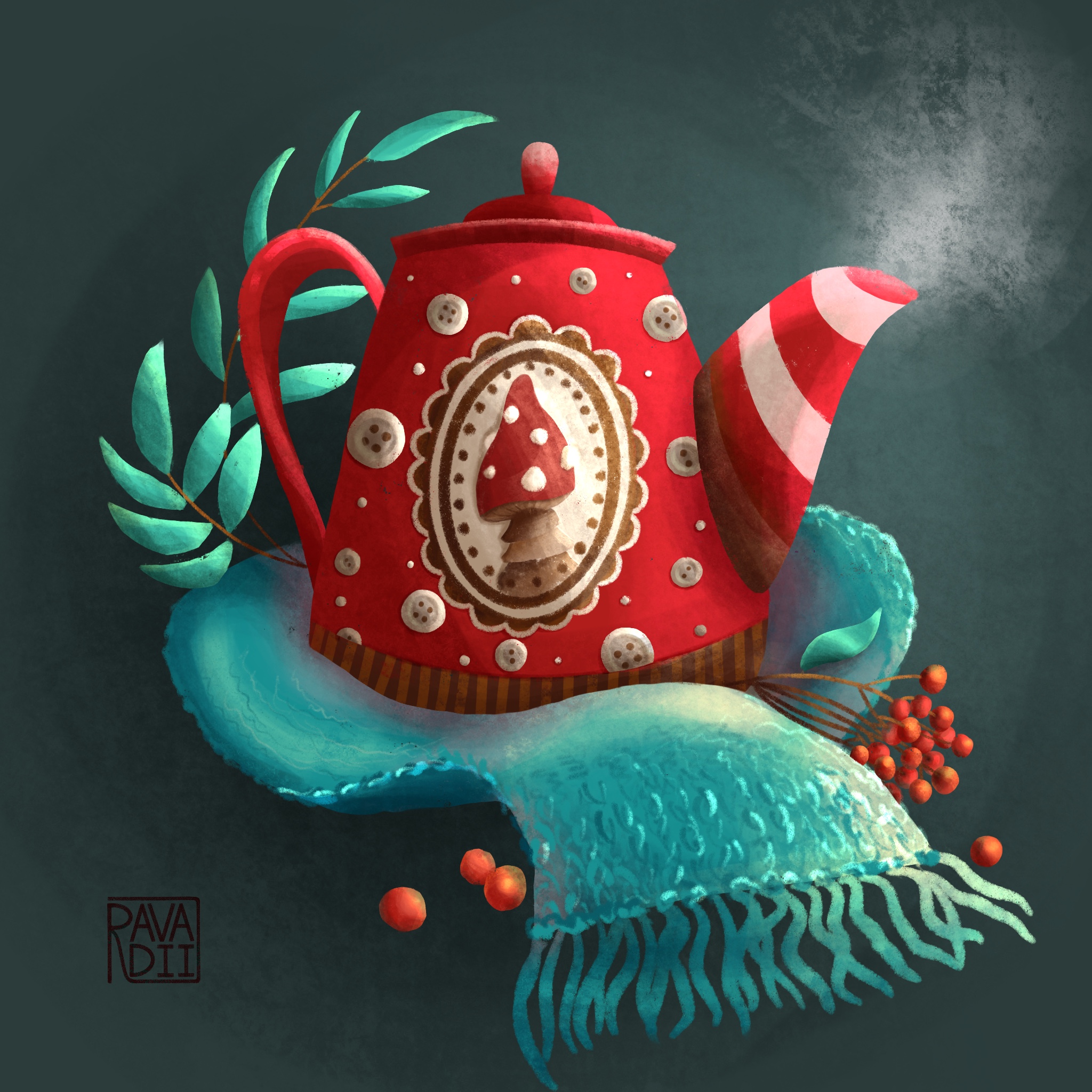 Sketch of a magical woolen teapot