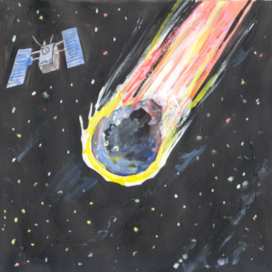 In the magazine "Why?" Section "From Around the World". Publishing House "Young Technician". Published in the magazine. Illustration in reduction. Topic: Meteorite. Artist: Marat Bryzgalov.