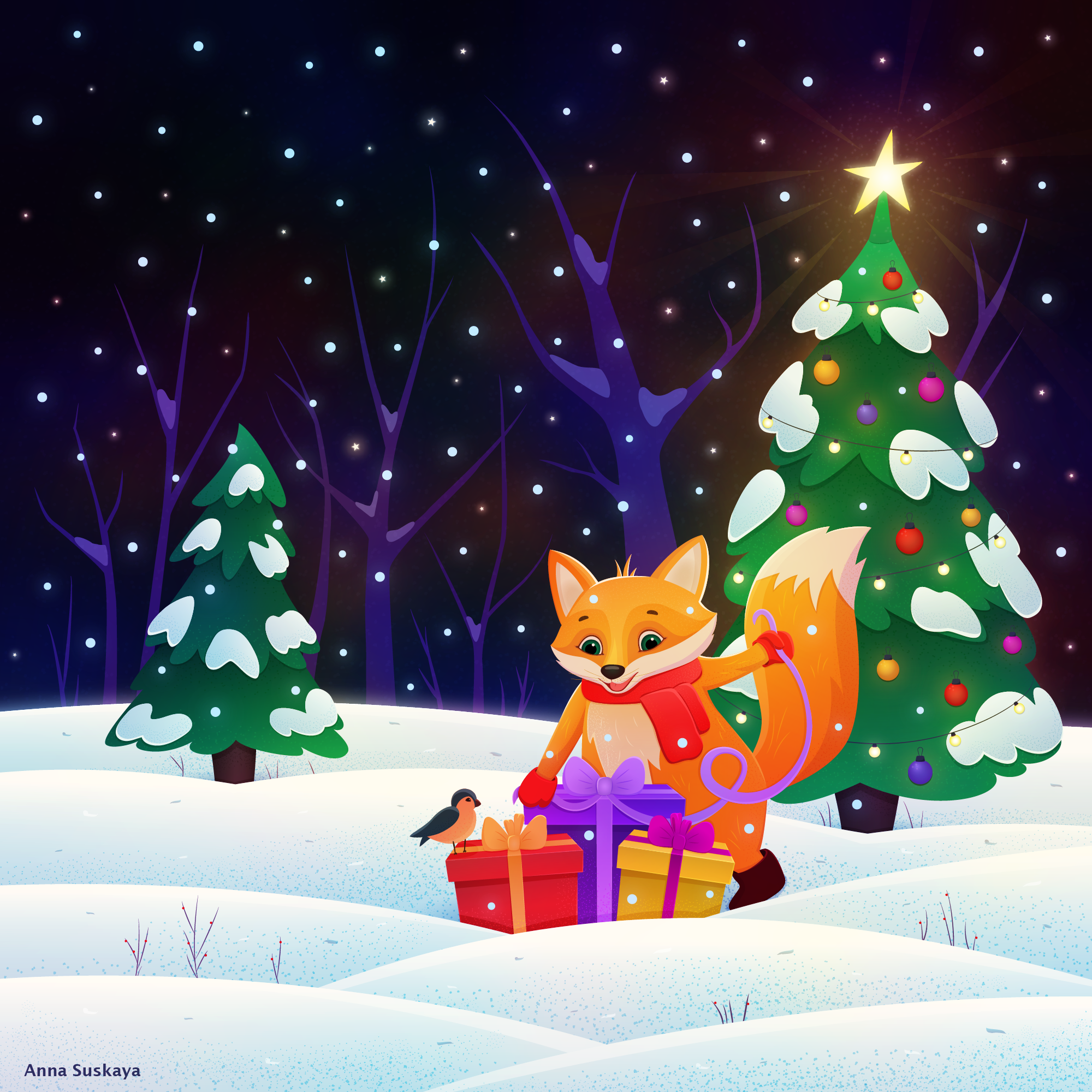 A fox and a bird are preparing Christmas gifts in a winter forest