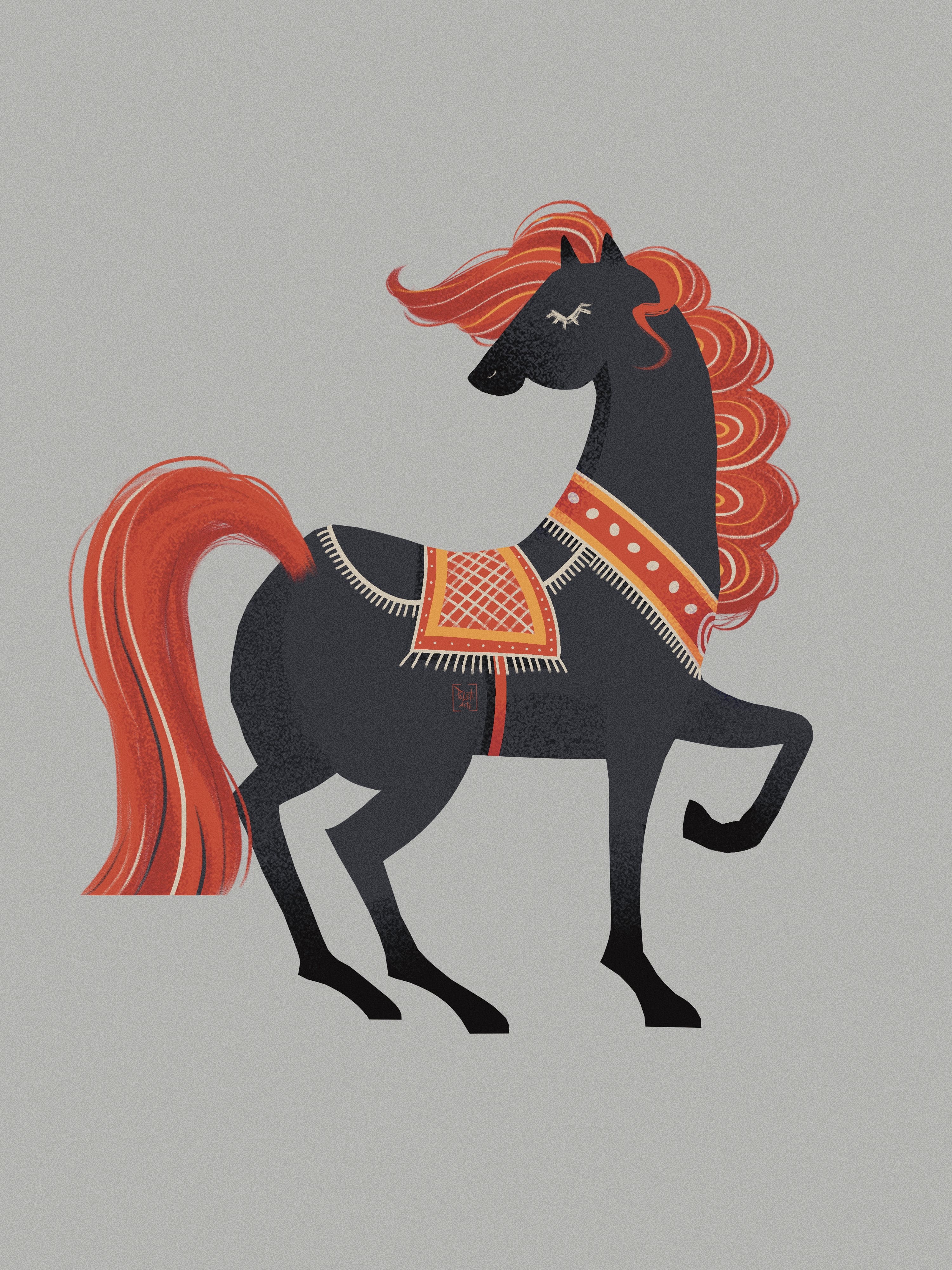A horse featuring Gorodets-style painting, for a 2026 calendar