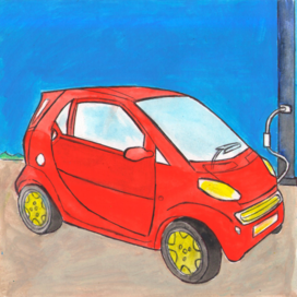 In the magazine "Why?" Section "From Around the World". Publishing House: Young Technician. Published in the magazine. Illustration on the topic of charging an electric car. Artist: Marat Bryzgalov.