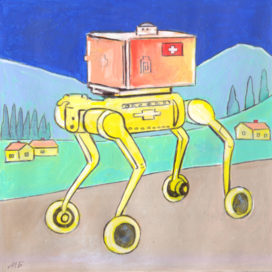 For the magazine "Why?" Section "From All Over the World". Published by the publishing house "Young Technician" - "Young Technologist". Published in the magazine. for publication in a smaller format: Switzerland. Delivery robot. Artist: Marat Bryzgalov.