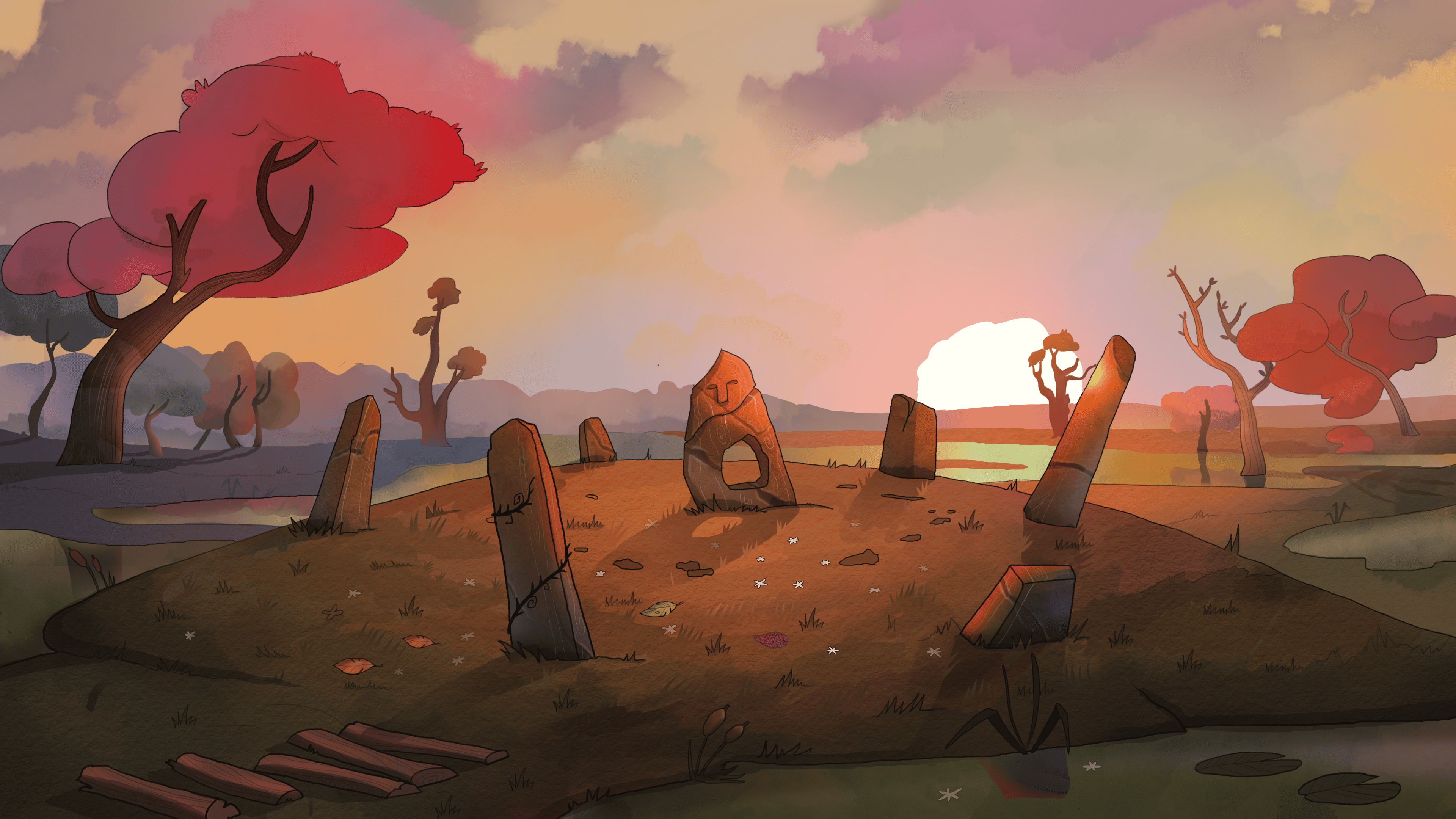 Moai in the swamp under the setting sun