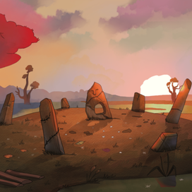 Moai in the swamp under the setting sun