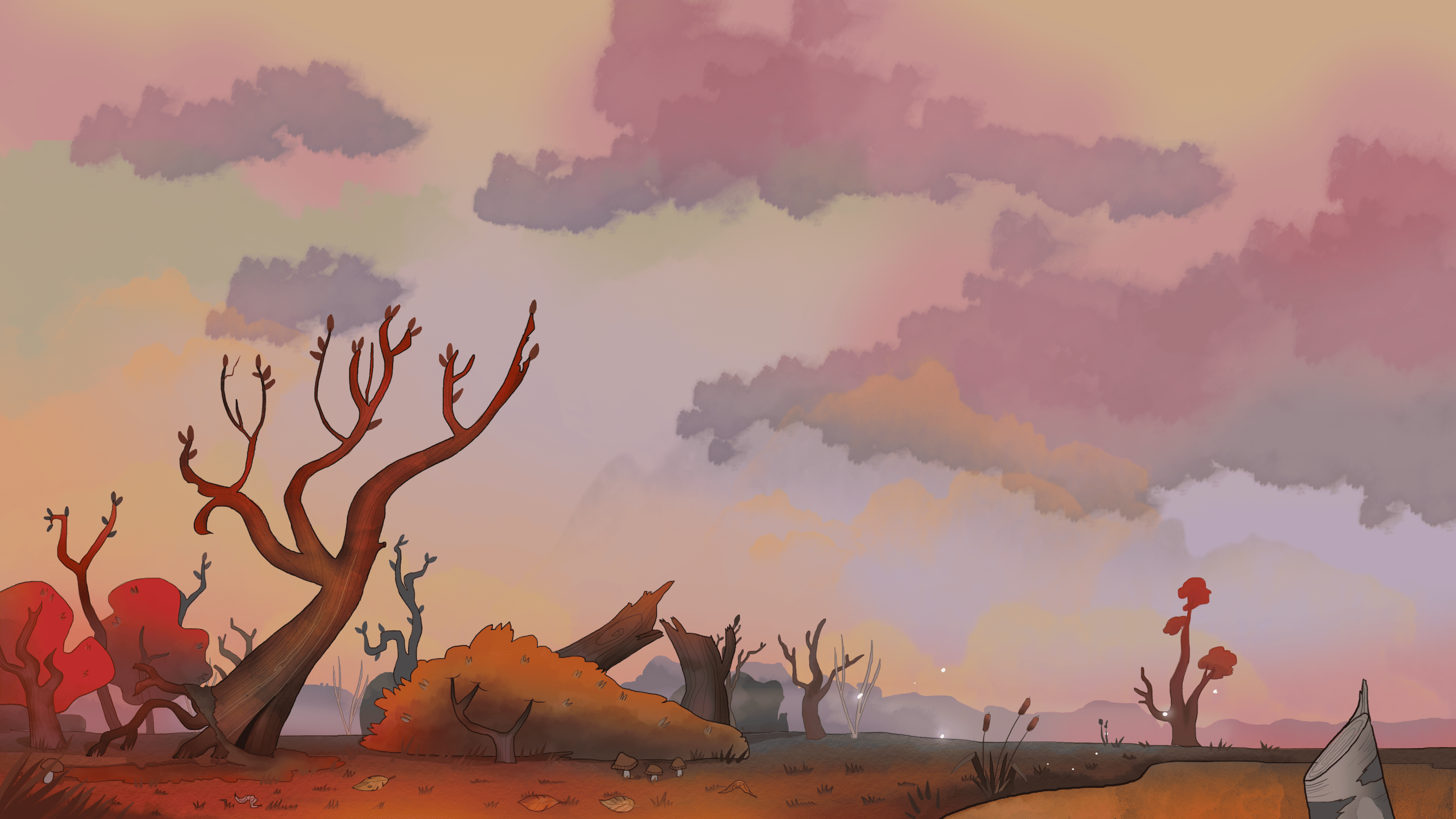 Сухое дерево на болоте под закатом