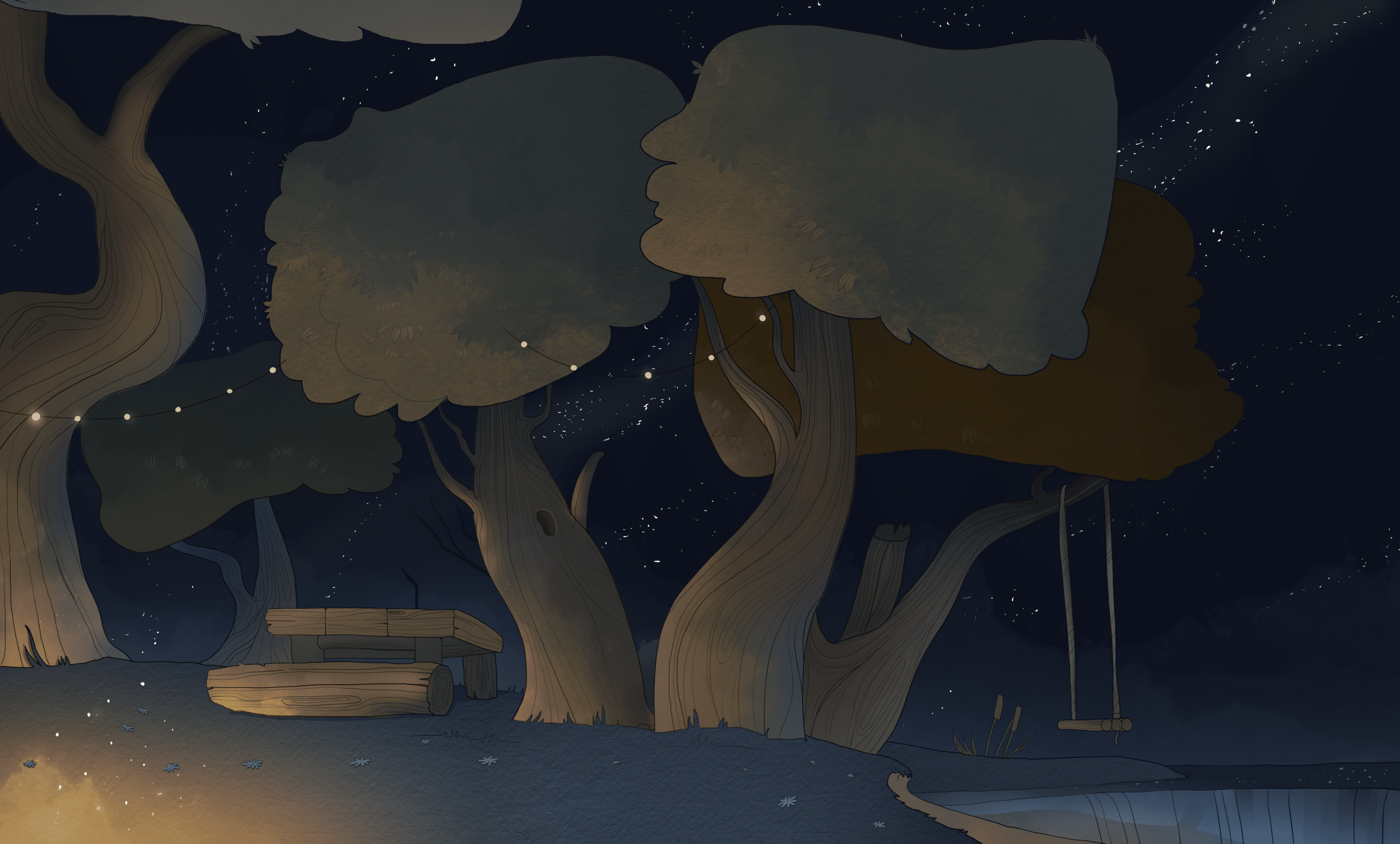 Качель у ночных деревьев