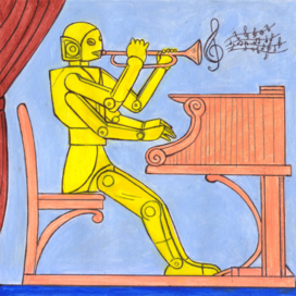 In the magazine "Why?" Section "From Around the World". Publishing House "Young Technician". Published in the magazine. Illustration on the topic: Robot Composer and Musician. Artist: Marat Bryzgalov.