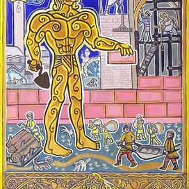 Illustration-Golem building a house. Golem and Golems series. A tale of a magical clay giant. Artist Marat Bryzgalov.