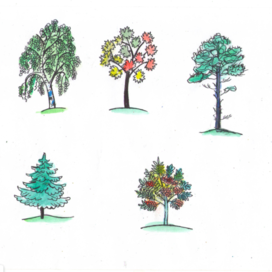 Trees . Screensavers in the category igroteka. Children's magazine - And why? Publishing house "Young Technician". The illustration is published in the magazine. Artist Marat Bryzgalov.