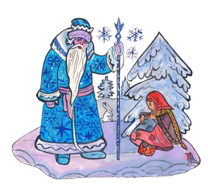 "Morozko" is a Russian folk tale. In the section "Game Library". In the children's magazine "Why?". Published by the Young Technician publishing house. The illustration was published in the magazine. Artist: Marat Bryzgalov.