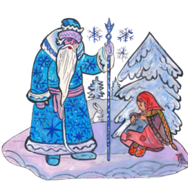 "Morozko" is a Russian folk tale. In the section "Game Library". In the children's magazine "Why?". Published by the Young Technician publishing house. The illustration was published in the magazine. Artist: Marat Bryzgalov.