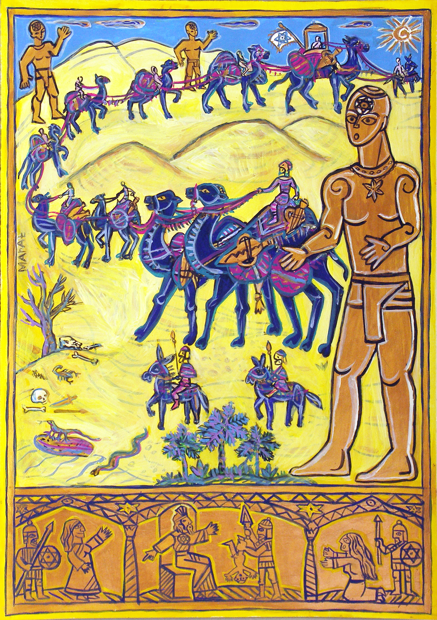 The Golem and Golems series. A fairy tale about a magical clay giant. In the lower part of the illustration, an ornamental stamp on a golden background shows a scene from the Bible: "The Judgment of King Solomon, Whose Child Is It?" Artist Marat Bryzgalov. The series has been exhibited at several solo exhibitions in galleries in Vologda and St. Petersburg.
