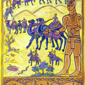 The Golem and Golems series. A fairy tale about a magical clay giant. In the lower part of the illustration, an ornamental stamp on a golden background shows a scene from the Bible: "The Judgment of King Solomon, Whose Child Is It?" Artist Marat Bryzgalov. The series has been exhibited at several solo exhibitions in galleries in Vologda and St. Petersburg.