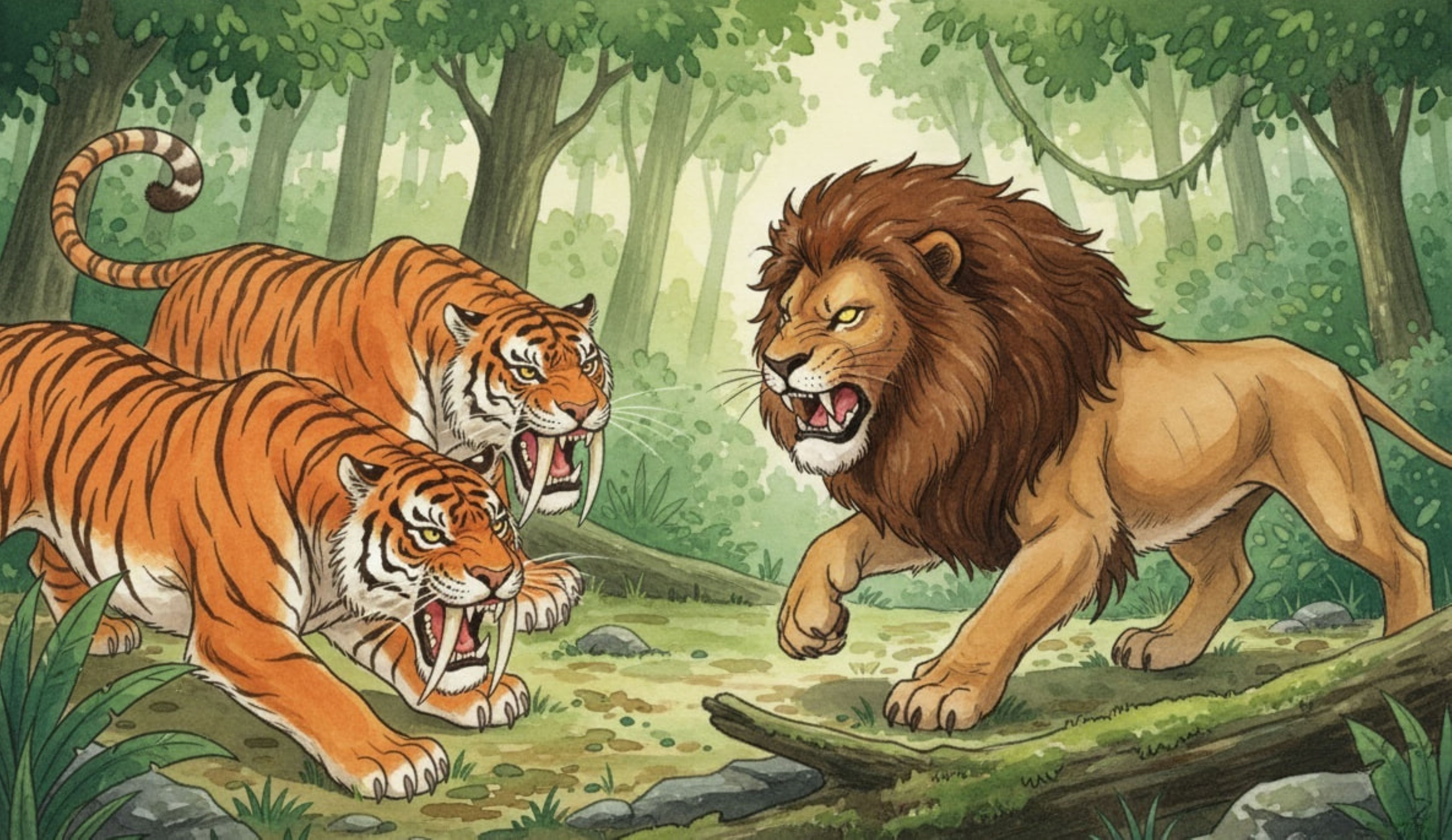 The battle between the Cowardly Lion and the Saber-toothed Tigers