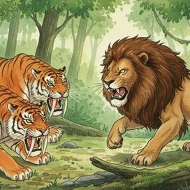 The battle between the Cowardly Lion and the Saber-toothed Tigers