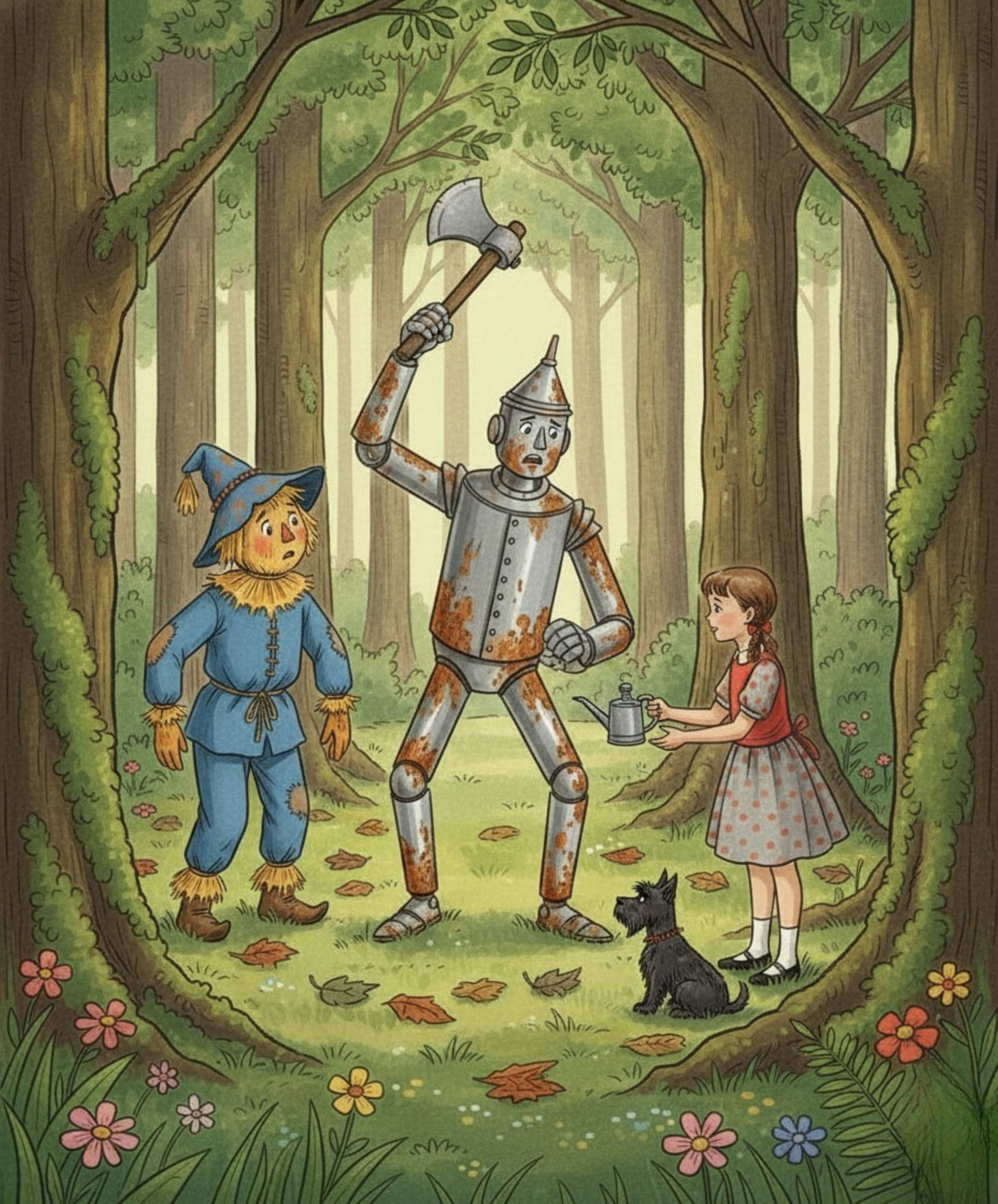 Ellie and the Scarecrow met the Tin Woodman in the forest.