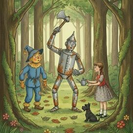 Ellie and the Scarecrow met the Tin Woodman in the forest.