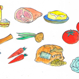 Products. Illustration for the task based on the fairy tale "Porridge from an Axe". Screensavers for the game section. Children's magazine "Why?" Publishing house "Young Technician". The illustration is published in the magazine. Artist Marat Bryzgalov.