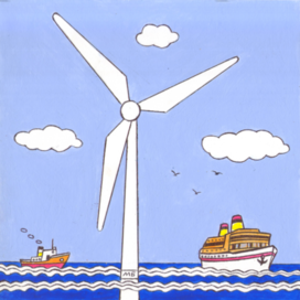 In the magazine "Why?" Section "From Around the World". Publishing House "Young Technician". Published in the magazine. Illustration on the topic: Wind Farm at Sea.