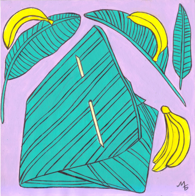 In the magazine "Why?" Section "From Around the World". Publishing House "Young Technician". Published in the magazine. Illustration on the topic of banana leaf packaging.