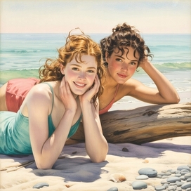 Illustration of girls at sea