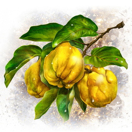 Quince fruits on a branch. Drawn in Photoshop