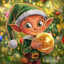 Children's Christmas Illustration "Elf with a Ball", Procreate