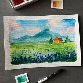 Горный пейзаж с цветами и домиком