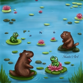 An illustration for the magazine "Yakster Tyashtenya," based on the author's story about a beaver and frogs. Digital art, Procreate.