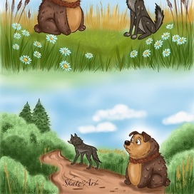 Illustration for the magazine "Yakster tyashtenya", digital art. A story about a dog and a wolf. Procreate