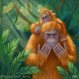 Under the protection of nature. A monkey with a baby.