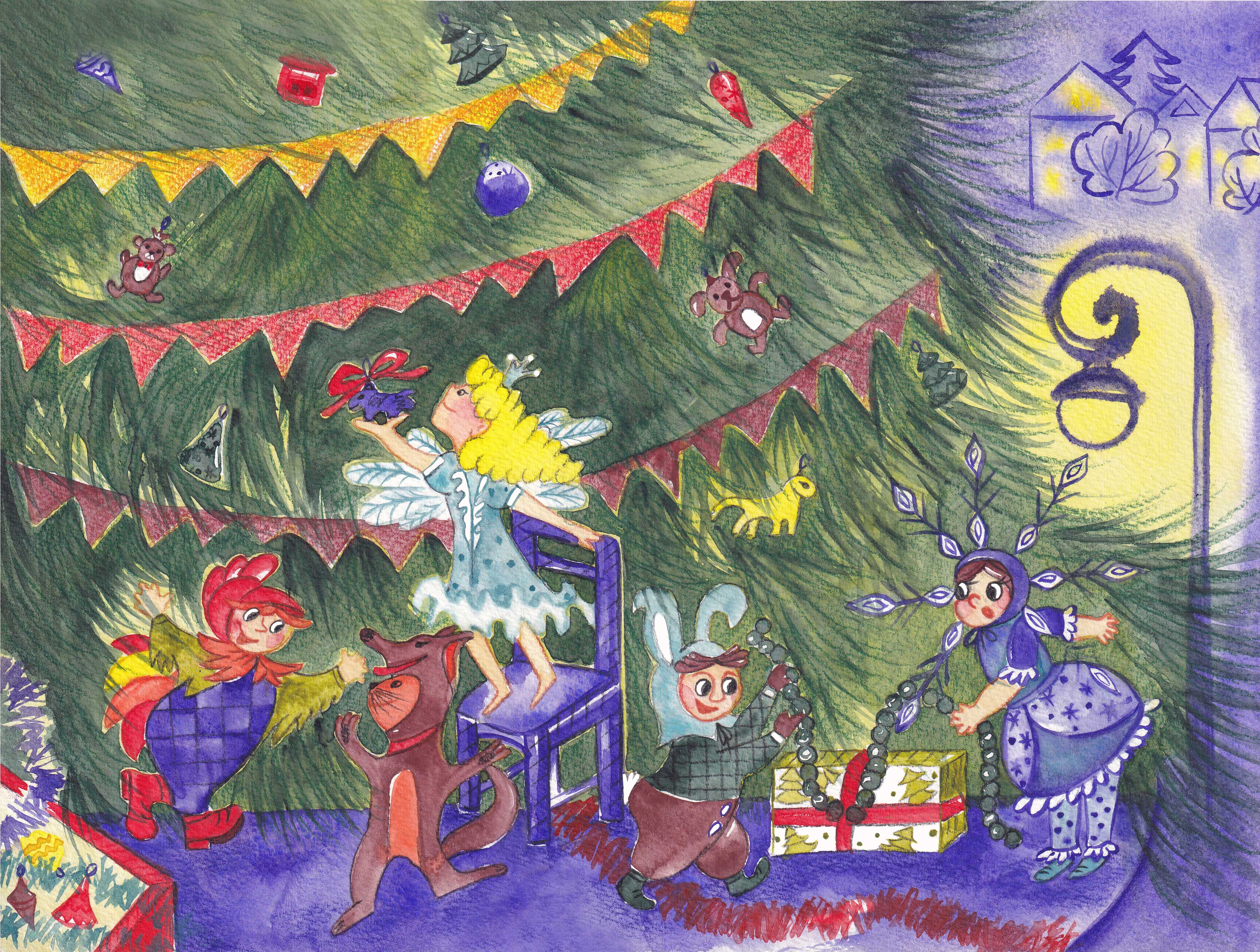 Новогодняя акварельная иллюстрация в детскую книгу