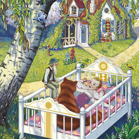 Ребенок в кроватке под берёзой.