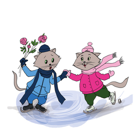 Влюбленная кошачья пара катается на коньках.